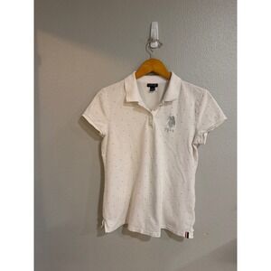 U.S. Polo Assn. Polo Shirt Womens Large White‎ Polka Dot Short Sleeve Pique Top